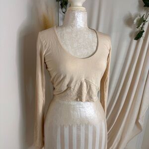 Naked Wardrobe Cream Long Sleeve Crop Top SZ. L NWOT (A0024 B3)